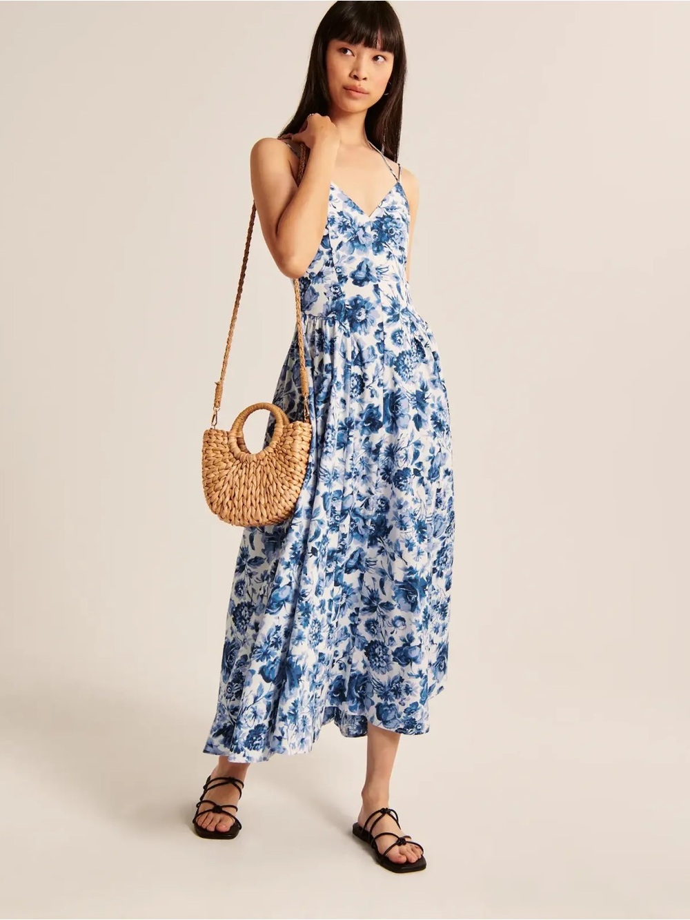 Abercrombie Strappy Plunge Corset Maxi Dress Blue Floral Cotton XS P
